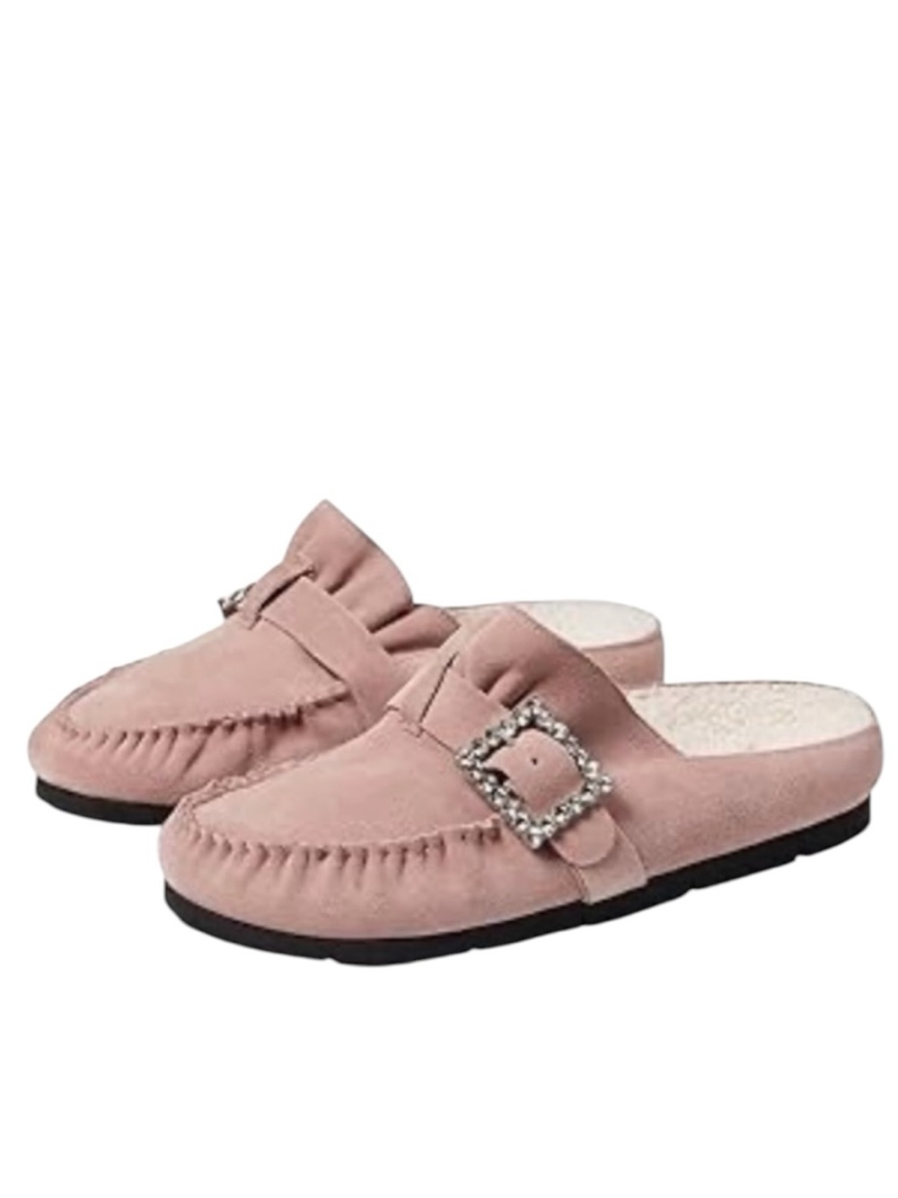 Free People Shearling After Riding Mule Sz 7.5 Frost Pink Rhinestone Buckle